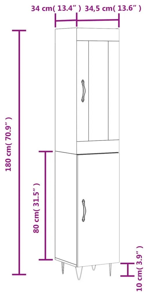 Ντουλάπι Γυαλ. Λευκό 34,5 x 34 x 180 εκ. από Επεξεργασμένο Ξύλο - Λευκό