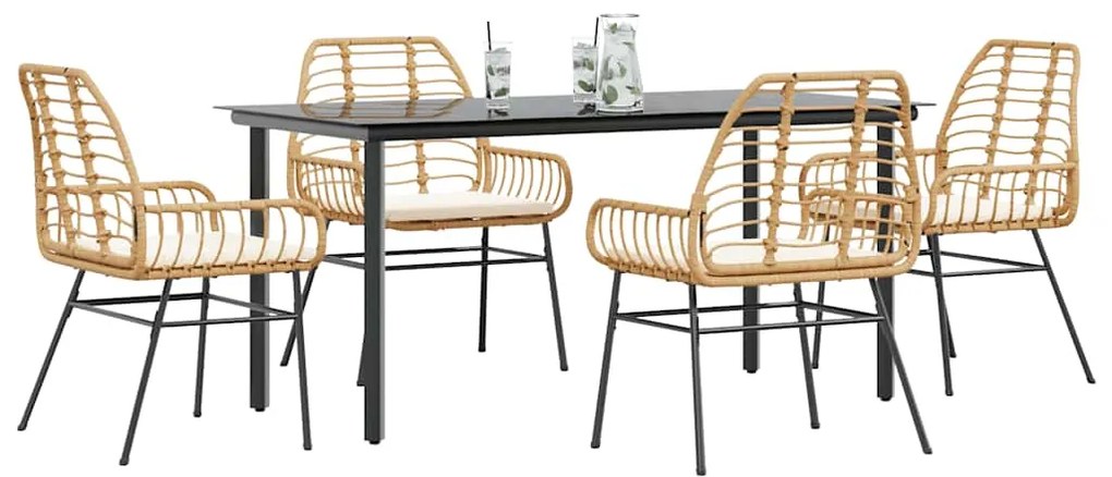 Σετ Τραπεζαρίας Κήπου 5 Τεμ. Καφέ Συνθ.Ρατάν/Γυαλί με Μαξιλάρια