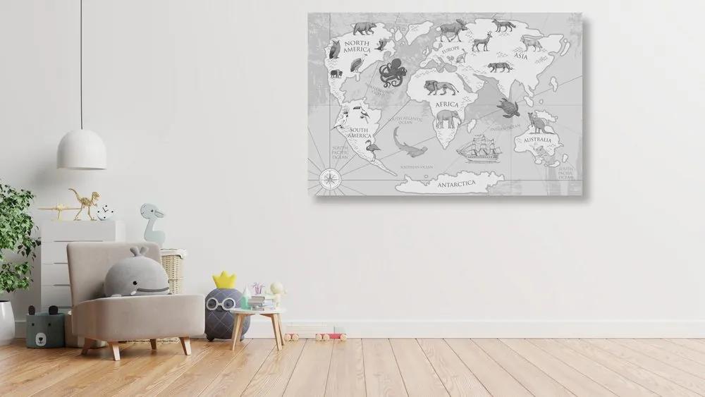 Εικόνα σε φελλό ενός ασπρόμαυρου παγκόσμιου χάρτη με ζώα - 120x80  arrow