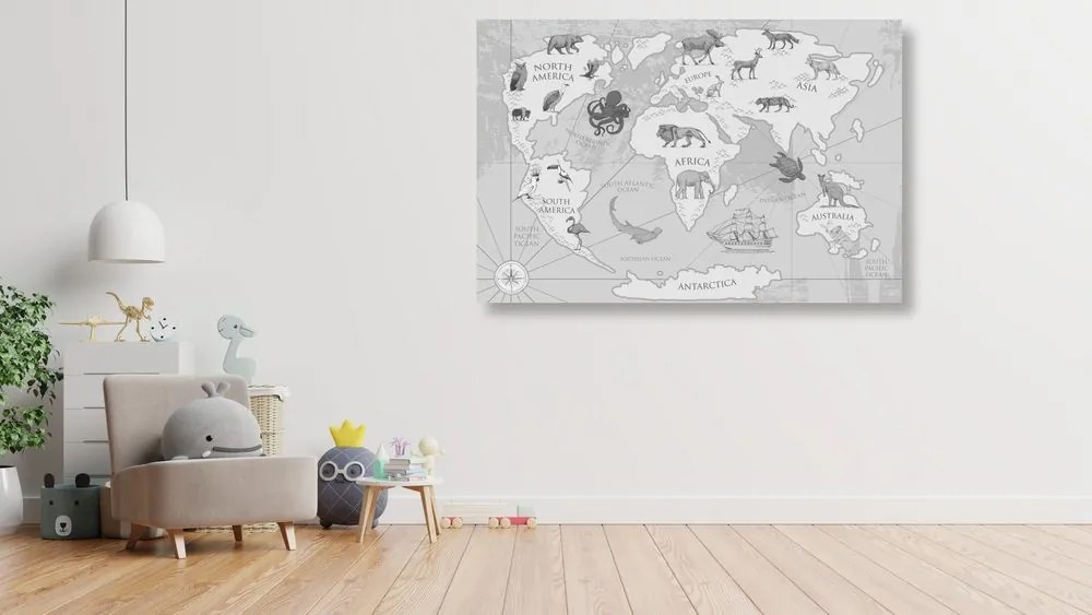 Εικόνα σε φελλό ενός ασπρόμαυρου παγκόσμιου χάρτη με ζώα - 120x80  color mix