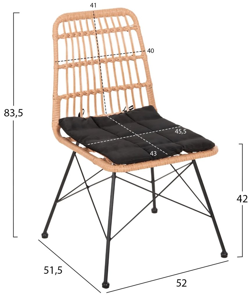 Καρέκλα ALLEGRA C5451.11 Μεταλλική με Μαξιλάρι Μαύρο και Wicker Μπέζ 52x51.5x83.5Yεκ. 52x51.5x83.5 εκ.