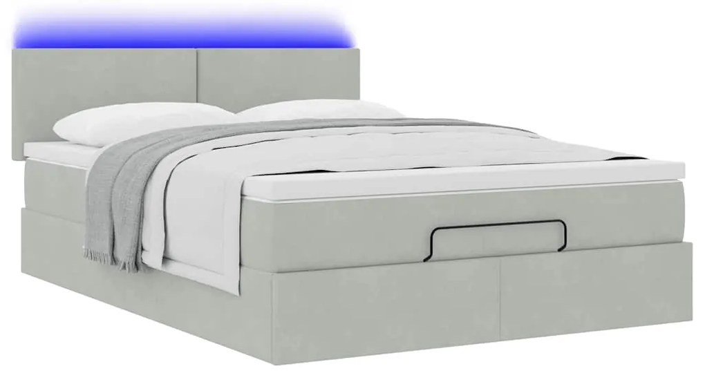 vidaXL Οθωμανικό κρεβάτι με στρώμα & LEDs Ανοιχτό γκρι Βελούδο