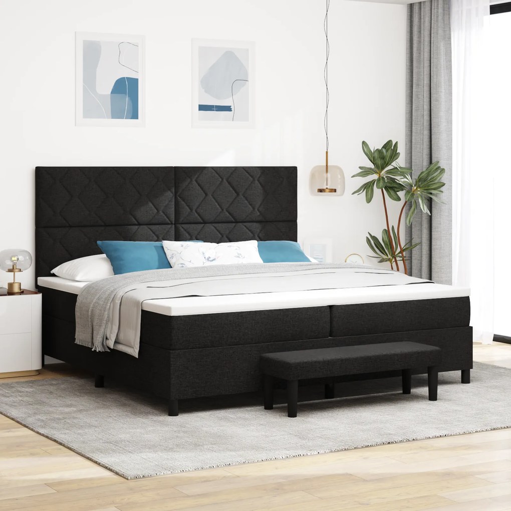 vidaXL Box Spring Bed με Στρώμα & Πάγκο Μαύρο 200x200 εκ. Ύφασμα