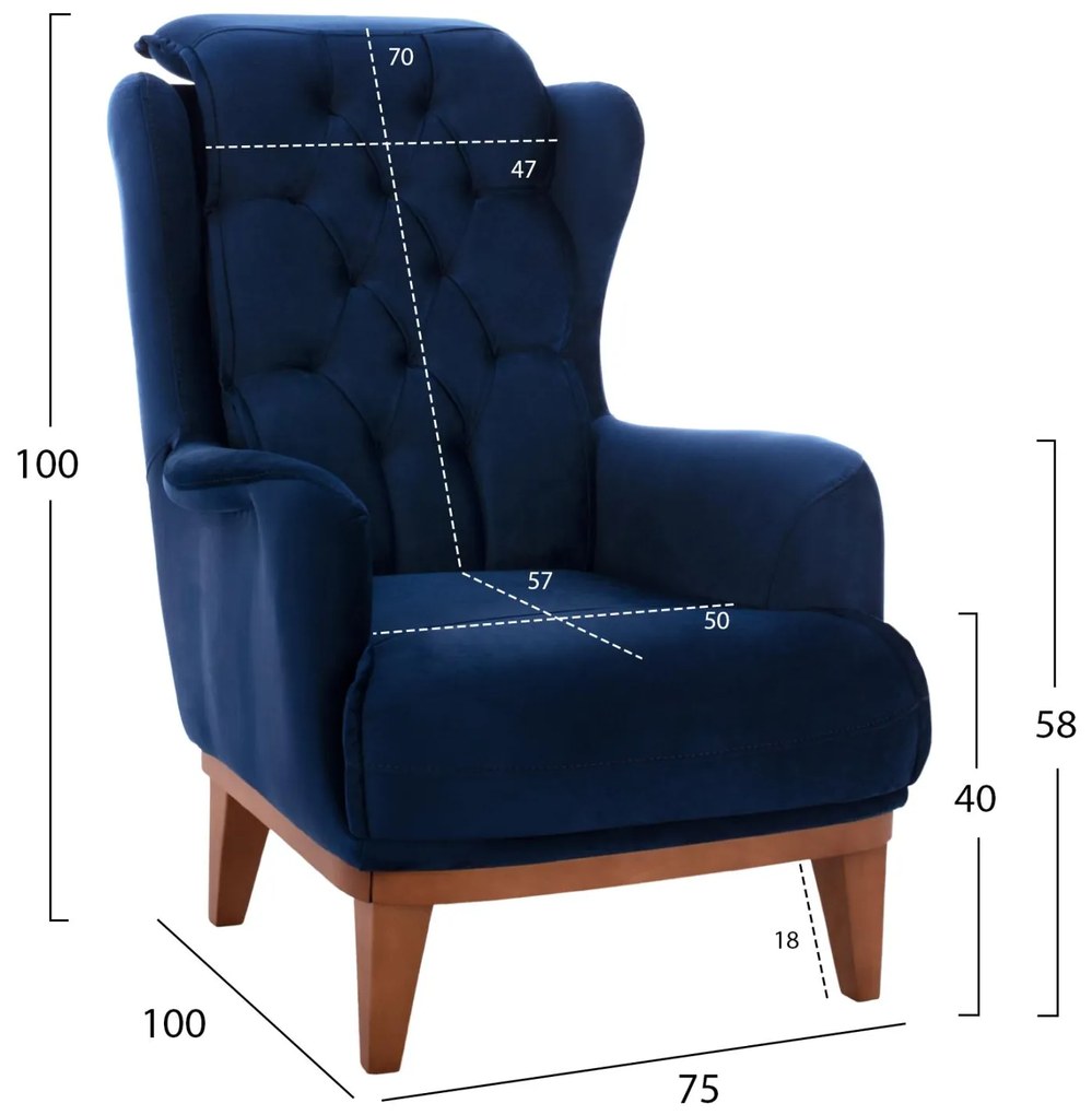 Πολυθρόνα - Μπερζέρα BENNINGTON C9313.18 Μπλέ Βελούδο 75x100x100 εκ. 75x100x100 εκ.