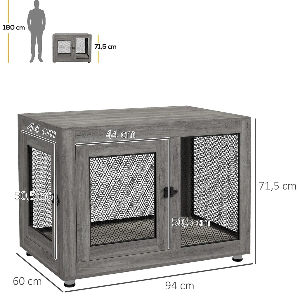 PawHut Κλουβί Σκύλου, Κλουβί Κουταβιών, με Επιφάνεια Αποθήκευσης, Αδιάβροχο Μαξιλάρι, Στιβαρό Πλέγμα, Ρυθμιζόμενα Πόδια, 94x60x71,5 εκ.