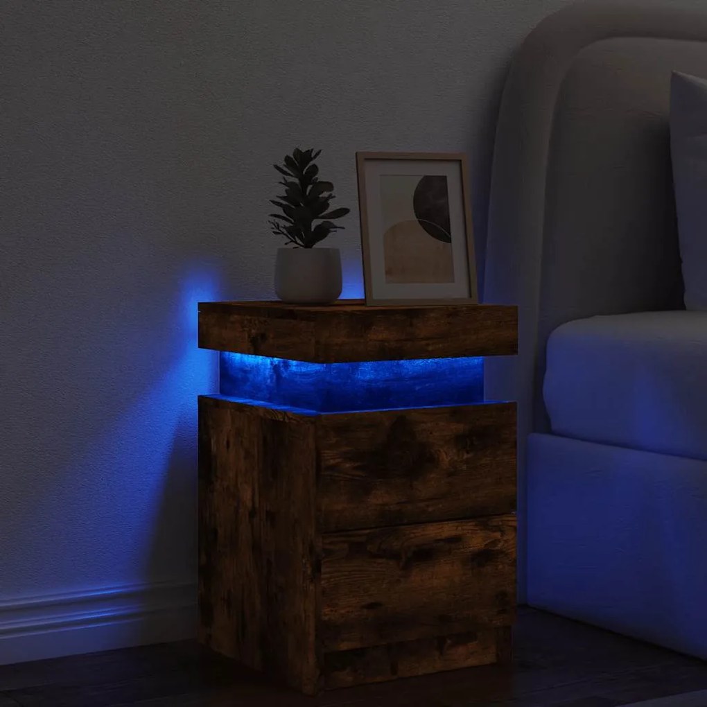 vidaXL Κομοδίνο με Φώτα LED Καπνιστή Δρυς 35 x 39 x 55 εκ.
