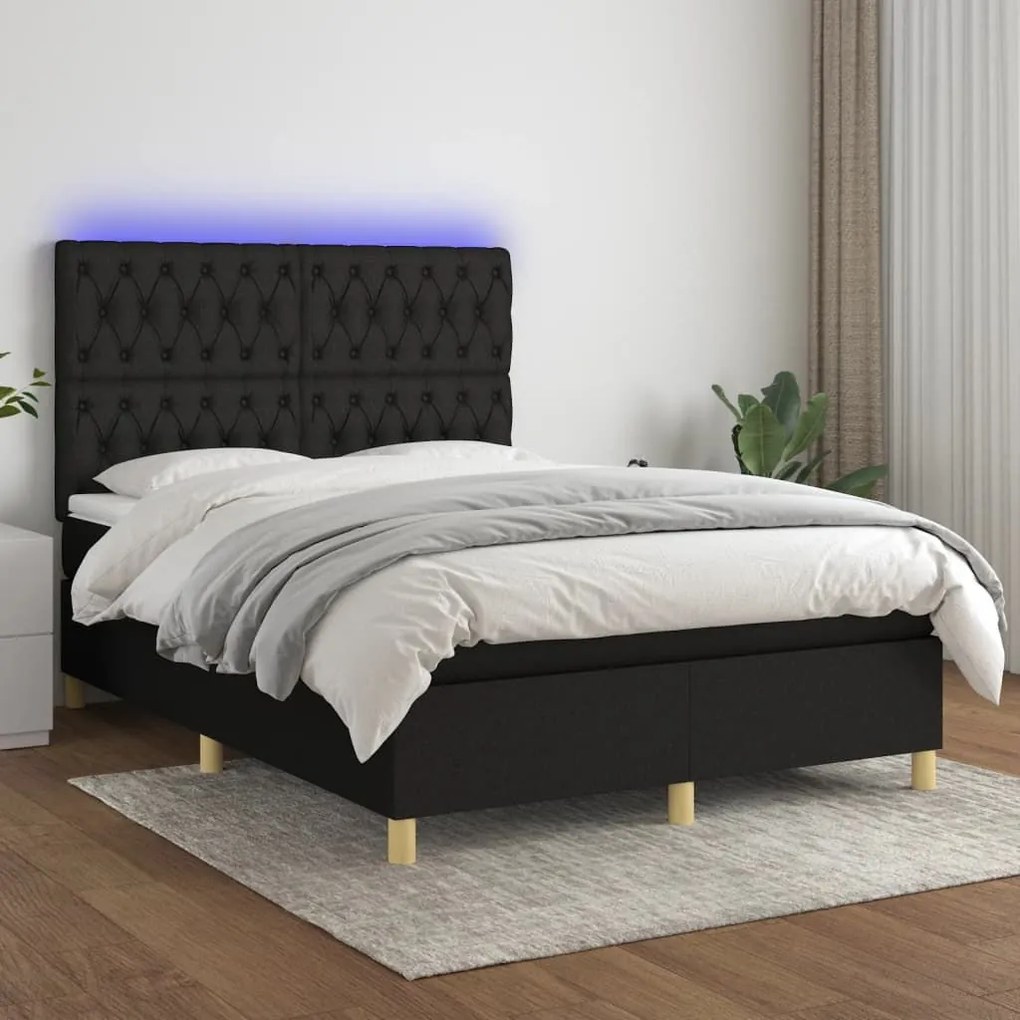 Κρεβάτι Boxspring με Στρώμα &amp; LED Μαύρο 140x200 εκ. Υφασμάτινο - Μαύρο