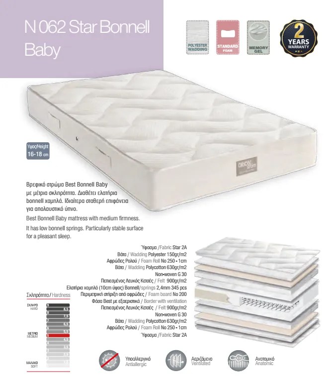 Στρώμα Βρεφικό  E062 Best Bonnell Baby  70x140 εκ.   Σκληρότητας: Μέτριο Orion Strom