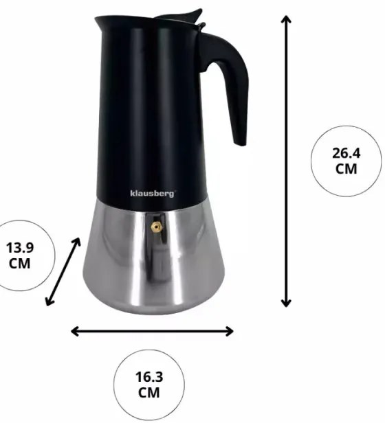 Κουβανέζικη καφετιέρα Klausberg KB 7847, 12 φλιτζάνια, 600 ml, Ανοξείδωτο, Επαγωγική, Μαύρο/Inox
