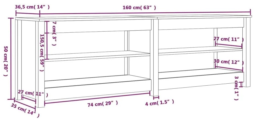 Παπουτσοθήκη Μαύρη 160 x 36,5 x 50 εκ. από Μασίφ Ξύλο Πεύκου - Μαύρο