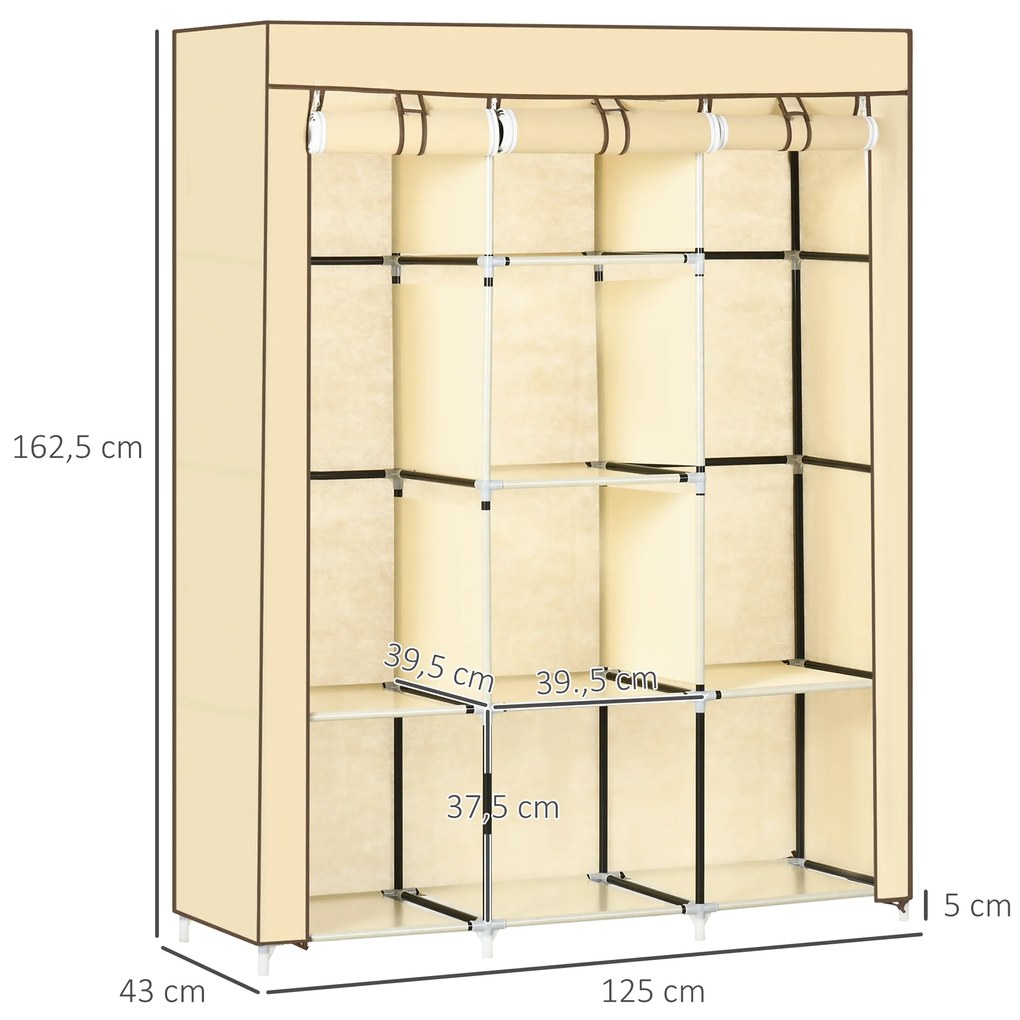 HOMCOM Υφασμάτινη ντουλάπα, λύση αποθήκευσης, 8 ράφια, 2 ράγες ρούχων, Μπεζ