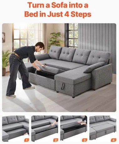 VEVOR U Shaped Sofa Bed 6-Seat Convertible Sleeper Sofa Bed Double Chaise Gray