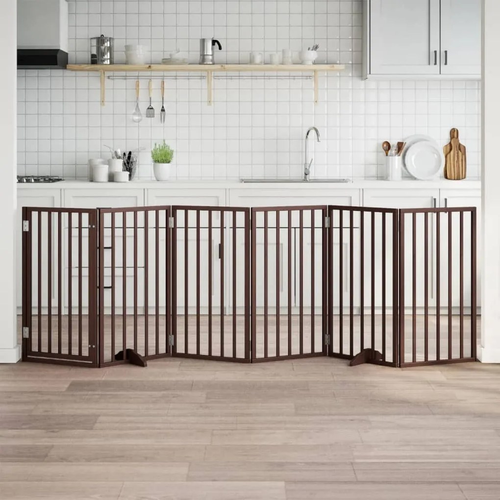 vidaXL Πόρτα Σκύλου με Πόρτα, Πτυσσόμενη, Καφέ, 6 Πάνελ, Ξύλο Λεύκας 300 εκ.
