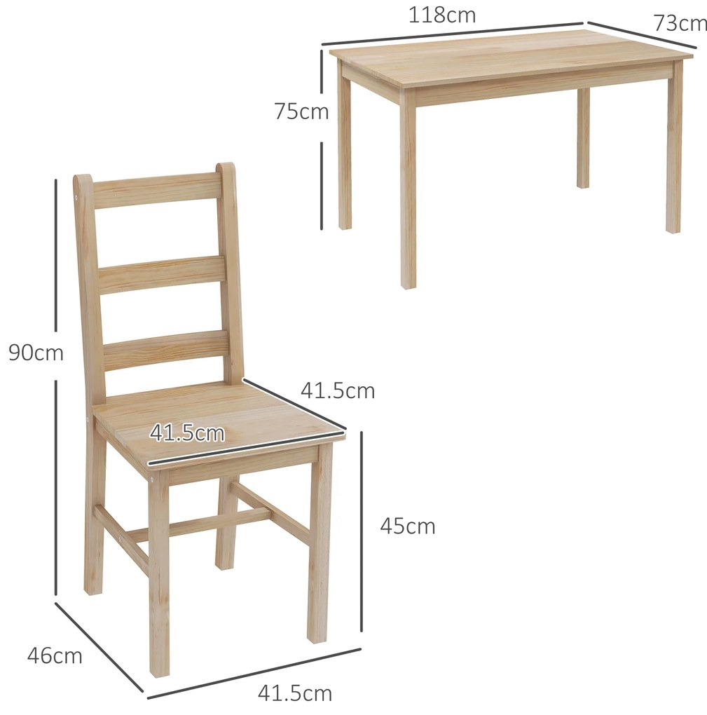 Σετ τραπεζαρίας 5 τεμαχίων, τραπέζι με καρέκλες, μασίφ ξύλο, 118 cm x 73 cm x 75 cm, φυσικό χρώμα