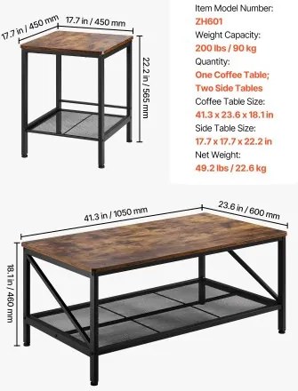 VEVOR 3 Pieces Living Room Table Sets 41.3 in Coffee Table with 2 End Tables