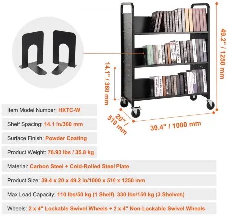 VEVOR Book Cart, 330 lbs Library Cart, 39.4&quot; x 20.1&quot; x 49.2&quot; Rolling Book Cart, Double Sided W-Shaped Sloped Shelves with 4-Inch Lockable Wheels for Home Shelves Office School, Book Truck in Black