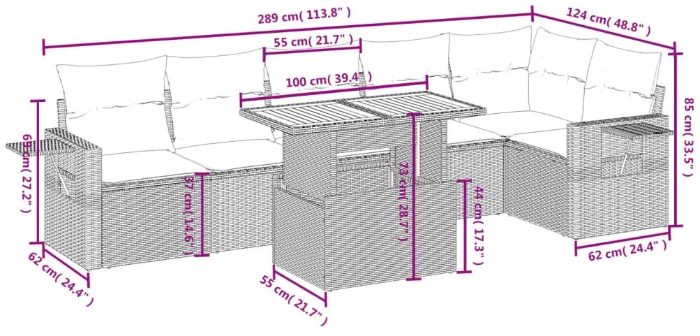 vidaXL Καναπές Σετ 7 Τεμαχίων Μαύρο Συνθετικό Ρατάν με Μαξιλάρια