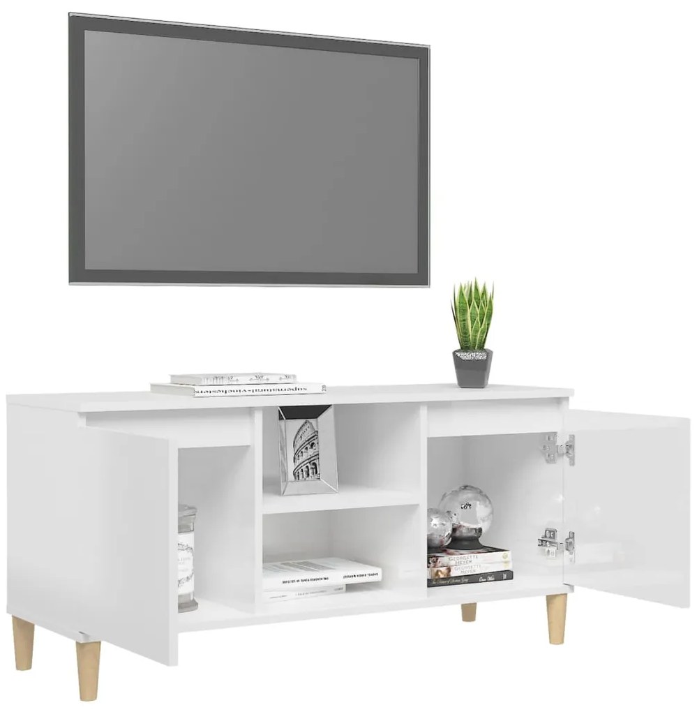 vidaXL Έπιπλο Τηλεόρασης Γυαλ. Λευκό 103,5x35x50 εκ Μασίφ Ξύλινα Πόδια