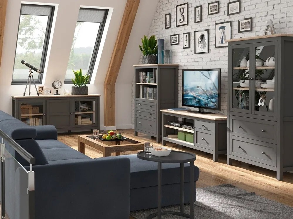 Βιτρίνα Boston BK102, San remo δρυς, Γκρι, Με πόρτες, Με συρτάρια, Ο αριθμός των θυρών: 2, Αριθμός συρταριών: 2, 180x106x47cm, 85 kg | Epipla1.gr