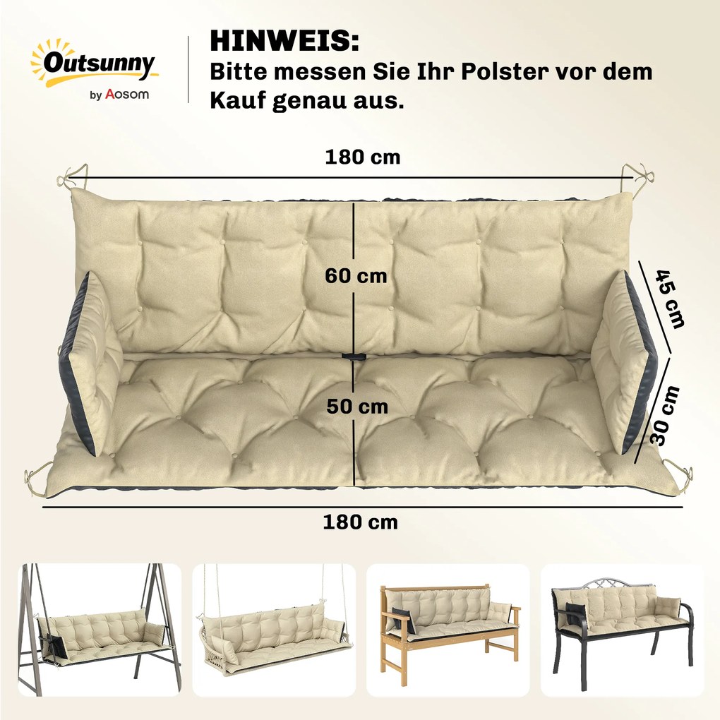 Outsunny Σετ μαξιλαριών εξωτερικού χώρου για πάγκο ή κούνια Hollywood, δίχρωμο, πολυεστέρας, αφρός, 180 x 110 x 8 cm, Μπεζ+Μαύρο