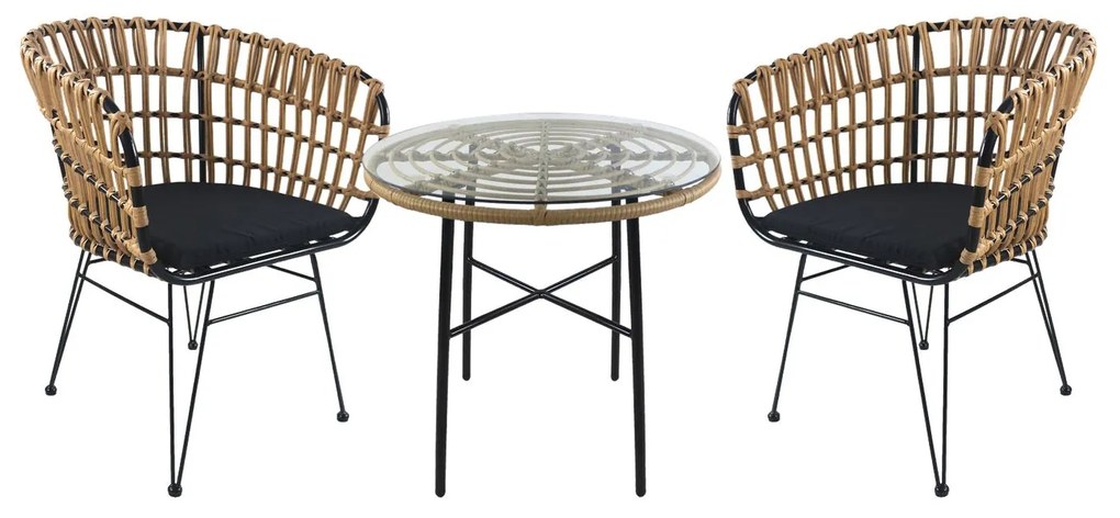 Σετ Τραπεζαρία Κήπου ArteLibre APPIUS Φυσικό/Μαύρο Μέταλλο/Rattan/Γυαλί Με 2 Καρέκλες 14990343