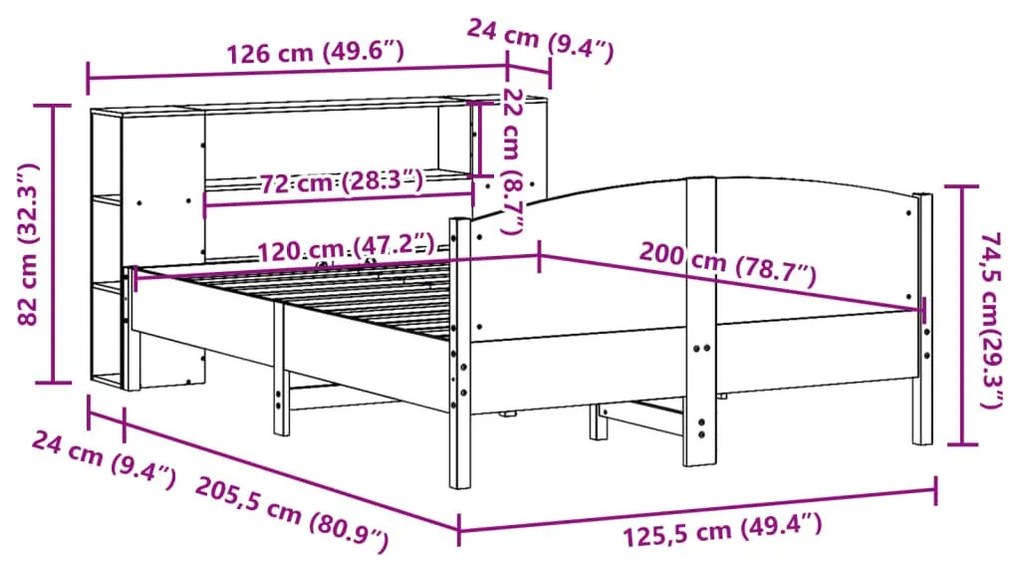 Κρεβάτι Βιβλιοθήκη Χωρίς Στρώμα 120x200 εκ Μασίφ Ξύλο Πεύκου - Καφέ