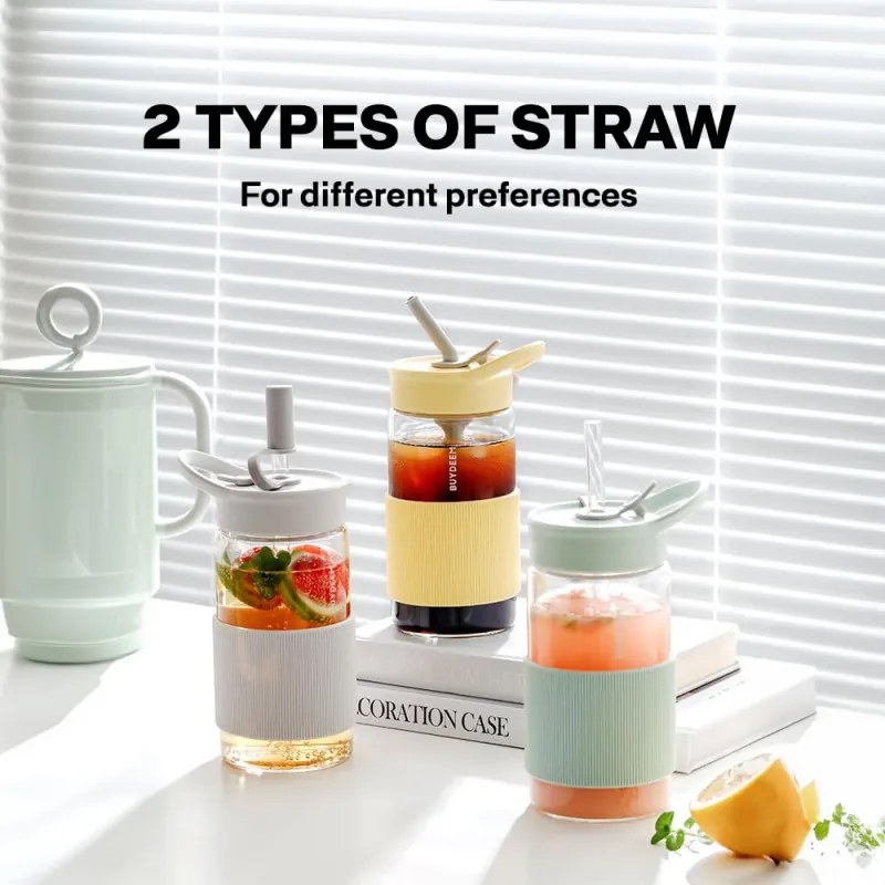 Buydeem CD1017-OW φορητή φιάλη ποτών, 500 ml, Ενσωματωμένο καλαμάκι, Αδιάβροχο, Ανθεκτικό στη θερμότητα γυαλί έως 150°C, Χωρίς BPA, Λευκό