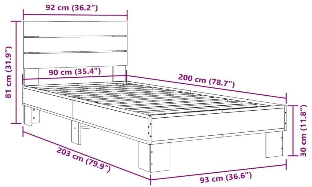 Πλαίσιο Κρεβατιού Sonoma Δρυς 90x200 εκ. Επεξ. Ξύλο &amp; Μέταλλο - Καφέ