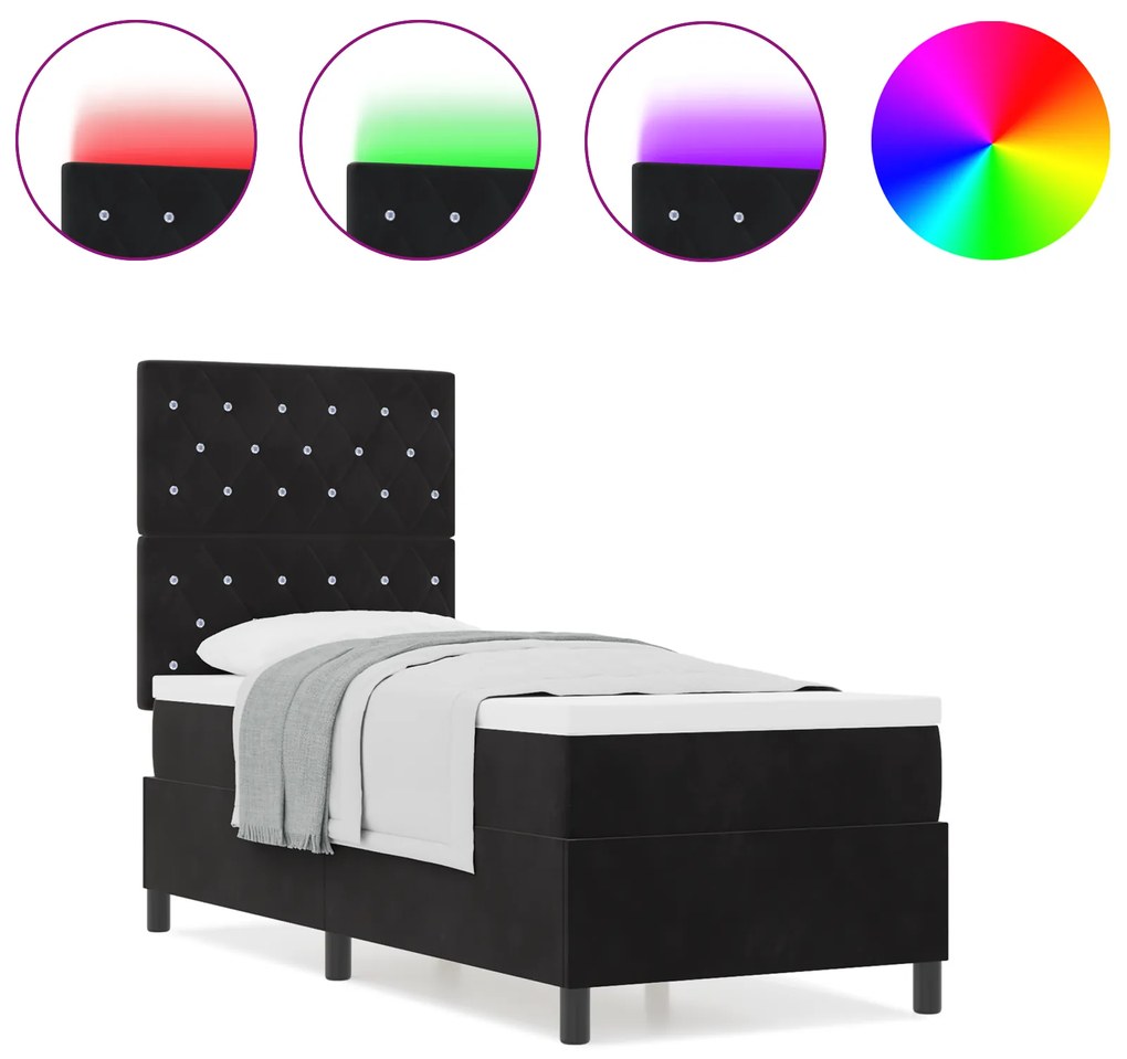 vidaXL Κρεβάτι Box Spring με Στρώμα και LED Μαύρο 80x200 εκ Βελούδο