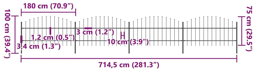 vidaXL Φράχτης Κήπου με Κορυφή Δόρυ από Ατσάλι 714,5 x 100 εκ. Μαύρος