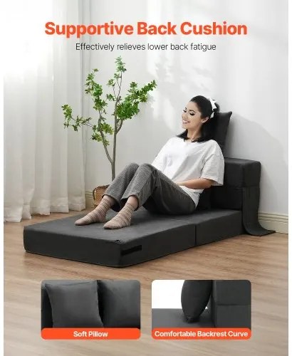 VEVOR Folding Sofa Bed 3-in-1 Foldable Couch Bed with 2 Pillows Dark Grey Single