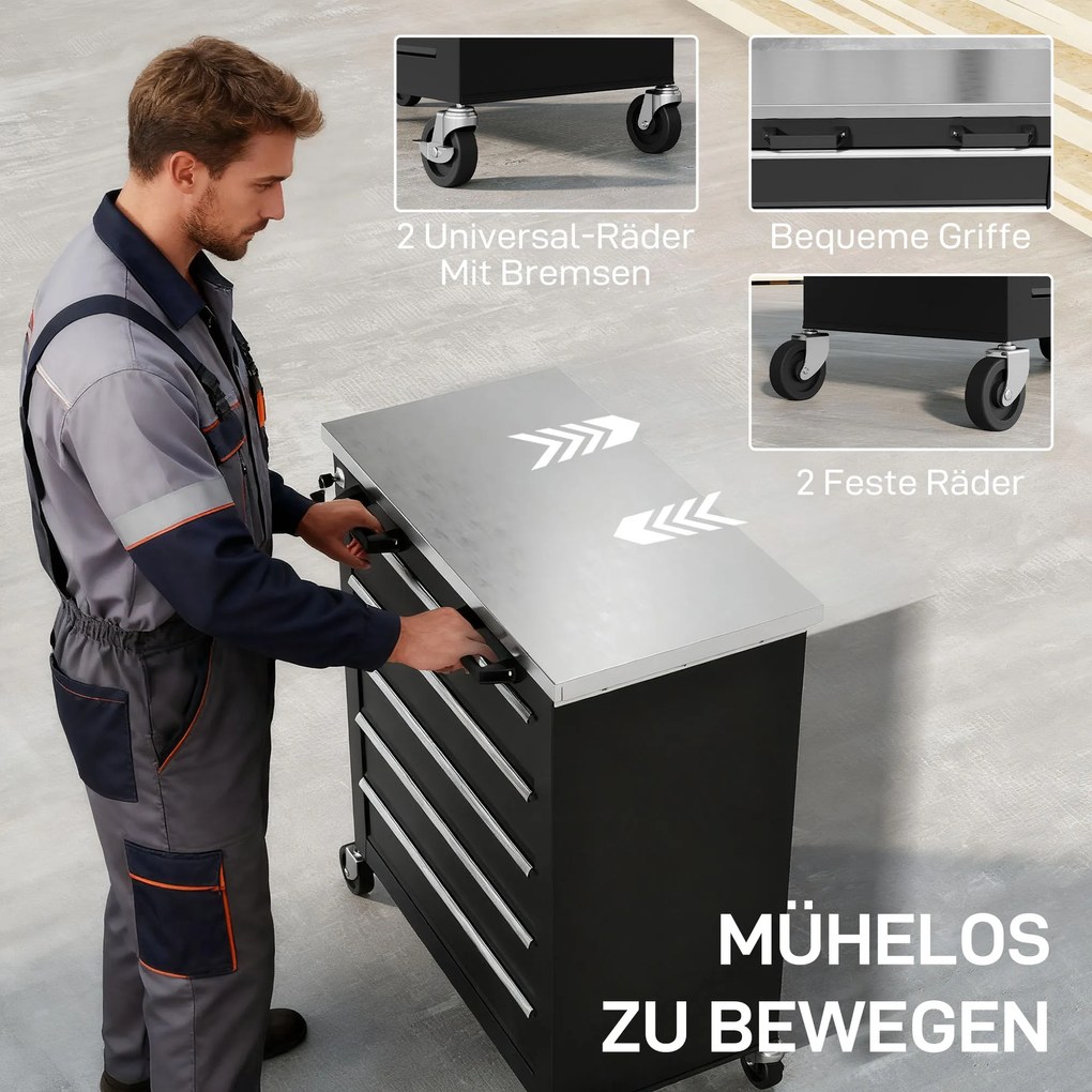 Εργαλειοθήκη HOMCOM με 5 συρτάρια, τροχήλατη εργαλειοθήκη, τρόλεϊ εργαλείων από ατσάλι, ασημί τόνος+Μαύρο