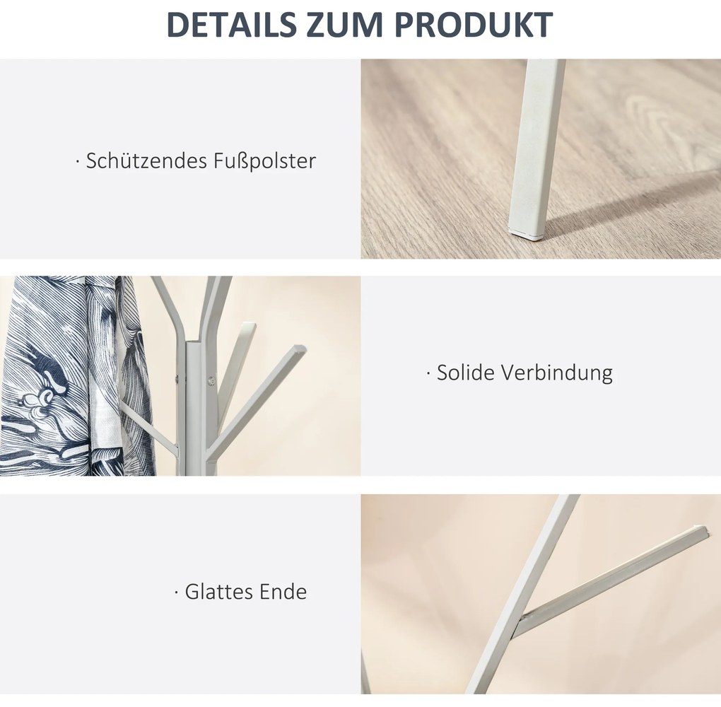 HOMCOM Κρεμάστρα παλτό με ράφι και 8 γάντζους Κρεμάστρα μπουφάν Μοντέρνα κρεμάστρα για ρούχα καπέλο τσάντα, σαλόνι, λευκό