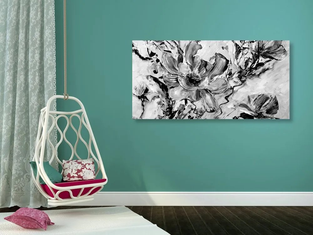 Εικόνα με μοντέρνα ζωγραφισμένα καλοκαιρινά λουλούδια σε μαύρο & άσπρο - 100x50