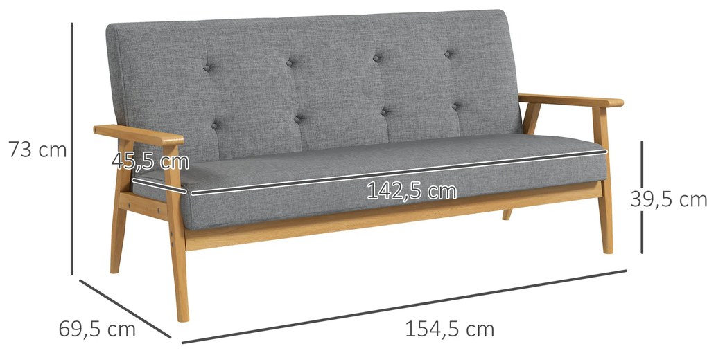 HOMCOM Τριθέσιος Καναπές Ταπετσαρίας, Ξύλο Καουτσούκ, 154,5 x 69,5 x 73 εκ., Γκρι