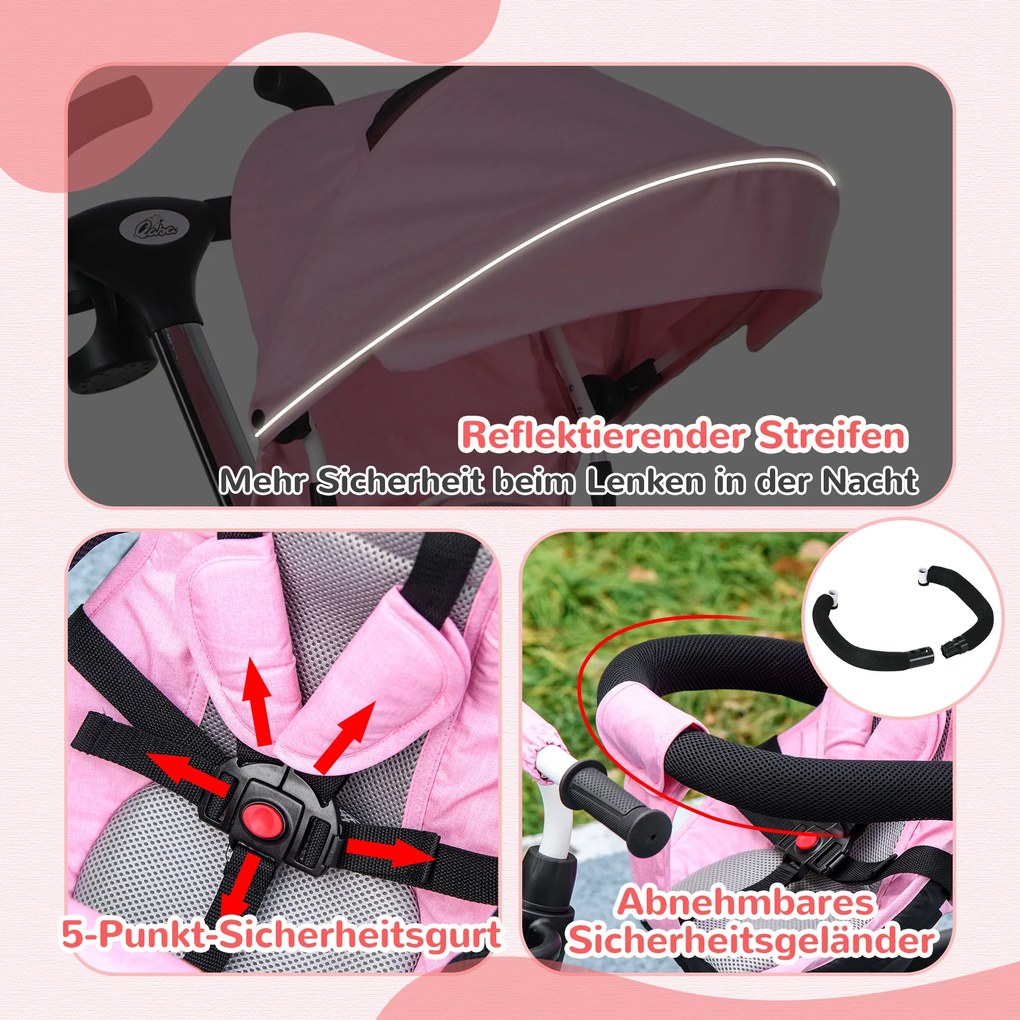 HOMCOM 6-in-1 παιδικό τρίκυκλο με ράβδο ώθησης, κουκούλα, ζώνη, καλάθι αποθήκευσης, 18+ μηνών, Ροζ