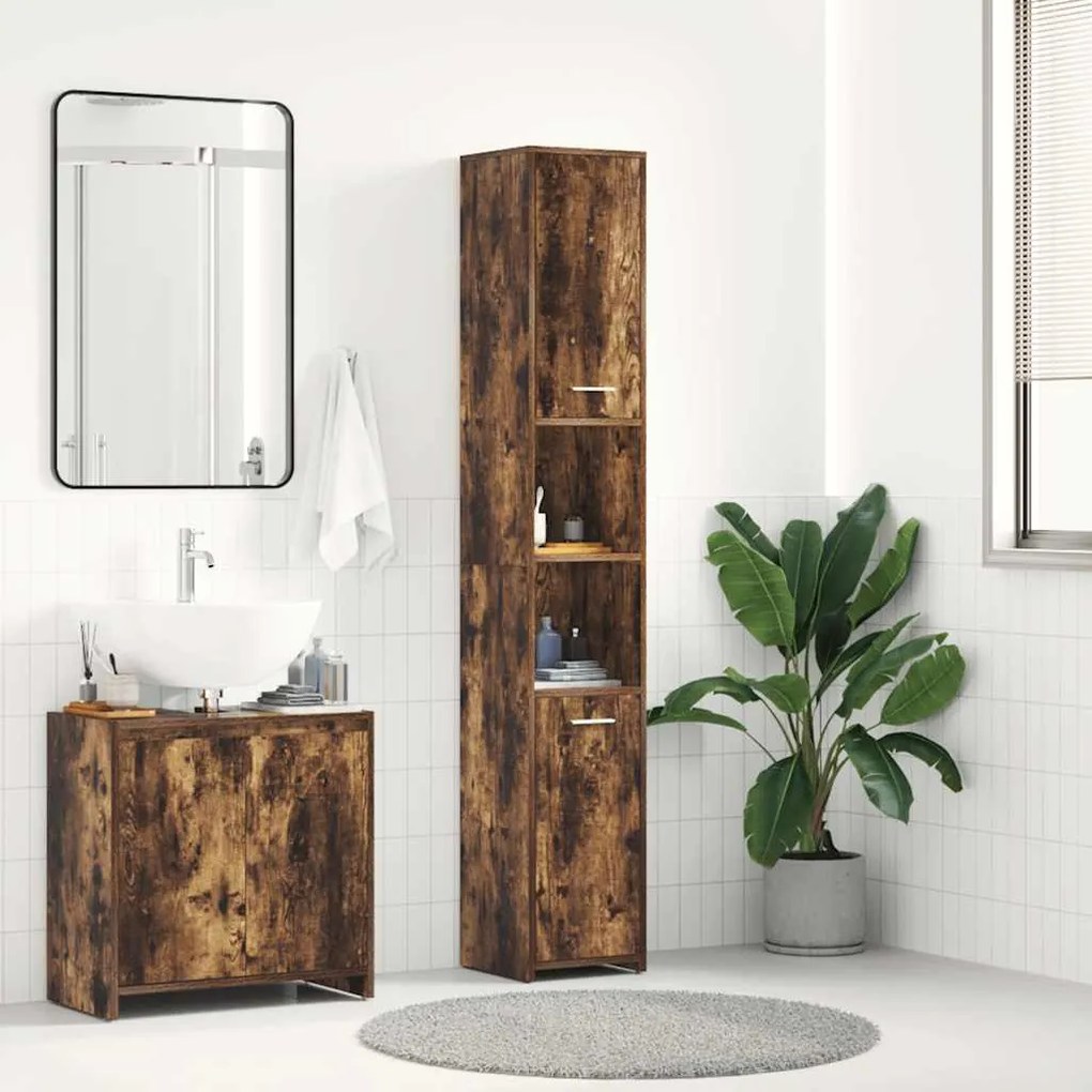 vidaXL Ντουλάπι Μπάνιου Καπνιστή Δρυς 30x30x183,5 εκ. Επεξεργ. Ξύλο