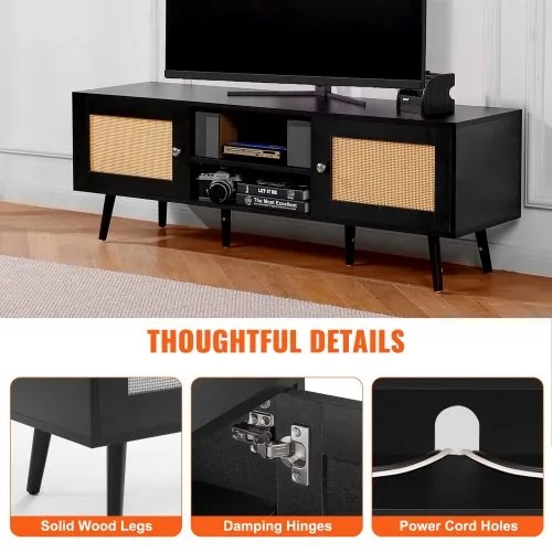 VEVOR Rattan TV Stand for 65&quot; TV Boho TV Stand with Build-in Socket Black
