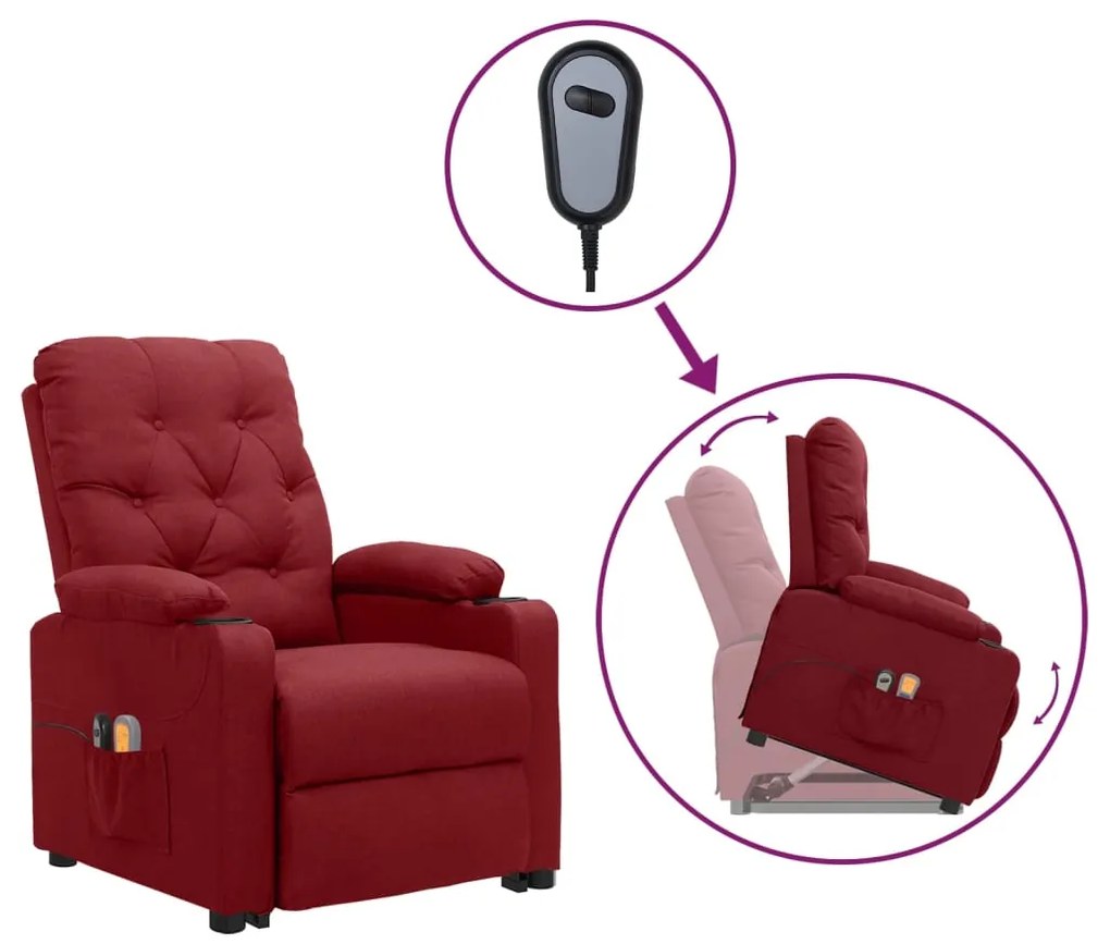vidaXL Πολυθρόνα Μασάζ Ανακλινόμενη με Ανύψωση Μπορντό Υφασμάτινη
