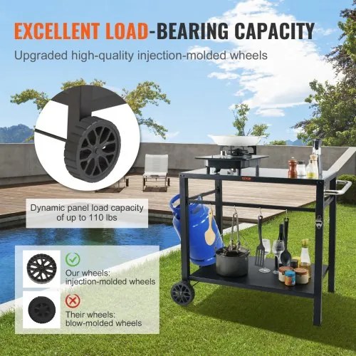 VEVOR Outdoor Grill Dining Cart with Double-Shelf, BBQ Movable Food Prep Table, Multifunctional Iron Table Top, Portable Modular Carts for Pizza Oven, Worktable with 2 Wheels, Carry Handle, Black