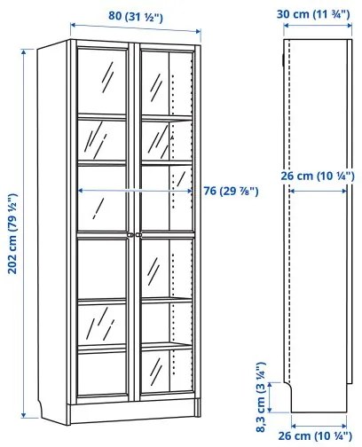 BILLY/OXBERG βιβλιοθήκη με γυάλινες πόρτες, 80x30x202 cm 994.833.20