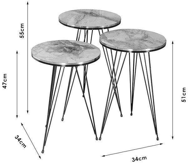 Βοηθητικά τραπέζια Sebastian pakoworld σετ 3τεμ λευκό γκρι μαρμάρου-μαύρο - Μέταλλο - 120-000340