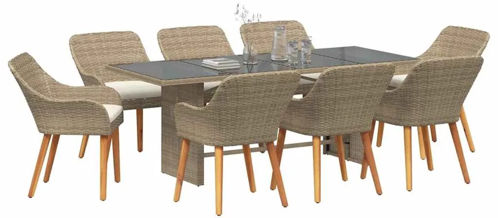vidaXL Σέτ φαγητού για κήπο με μαξιλάρι 9 pcs Μπεζ συνθετικό ρατάν