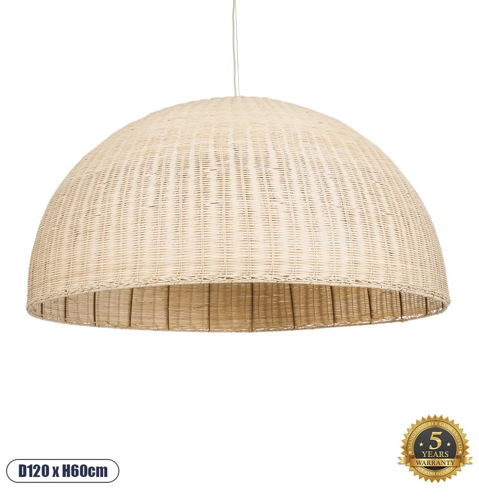 GloboStar MONTANA 02380 Boho Κρεμαστό Φωτιστικό Οροφής Μονόφωτο 1 x E27 AC220-240V IP20 - Φ120 x Υ60cm - Μπεζ Μπαμπού Πλέγμα Καμπάνα - 02380