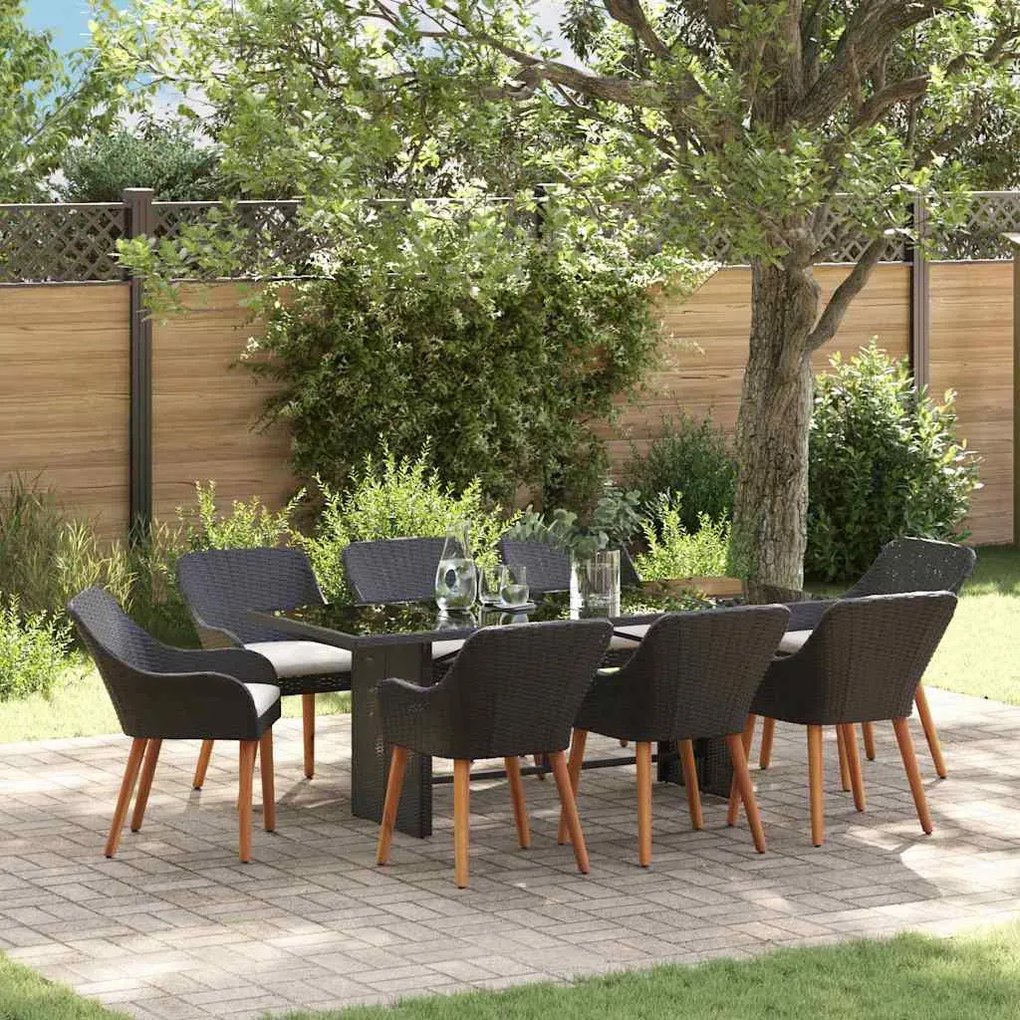 vidaXL Σέτ φαγητού για κήπο με μαξιλάρι 9 pcs Μαύρο συνθετικό ρατάν