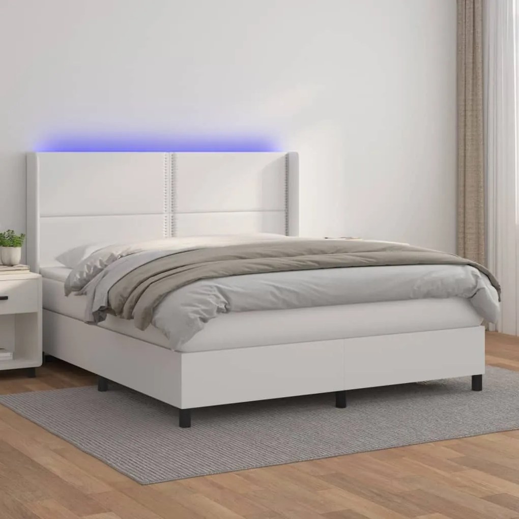 vidaXL Κρεβάτι Boxspring με Στρώμα &amp; LED Λευκό 180x200 εκ. Συνθ. Δέρμα