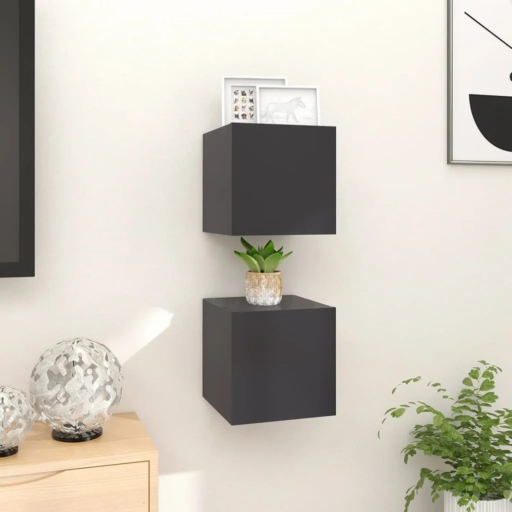 vidaXL Έπιπλα Τηλεόρασης Κρεμαστά 2 τεμ. Γκρι 30,5x30x30εκ. Επεξ. Ξύλο