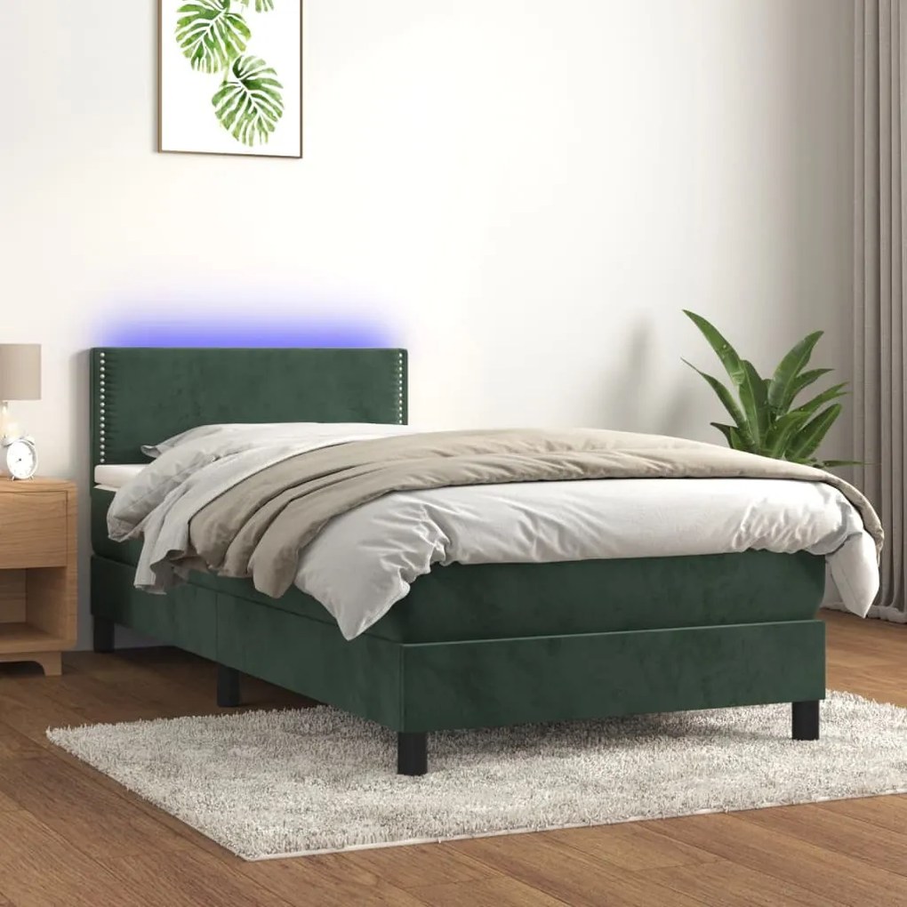 Κρεβάτι Boxspring με Στρώμα & LED Σκ. Πράσινο 100x200εκ Βελούδο