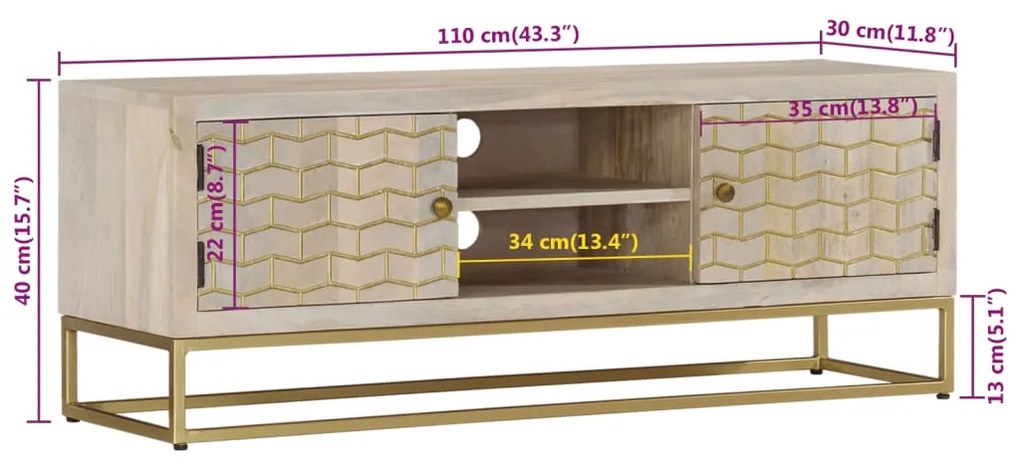 Έπιπλο Τηλεόρασης 110x30x40εκ. από Μασίφ Ξεβαμμένο Ξύλο Μάνγκο - Κρεμ