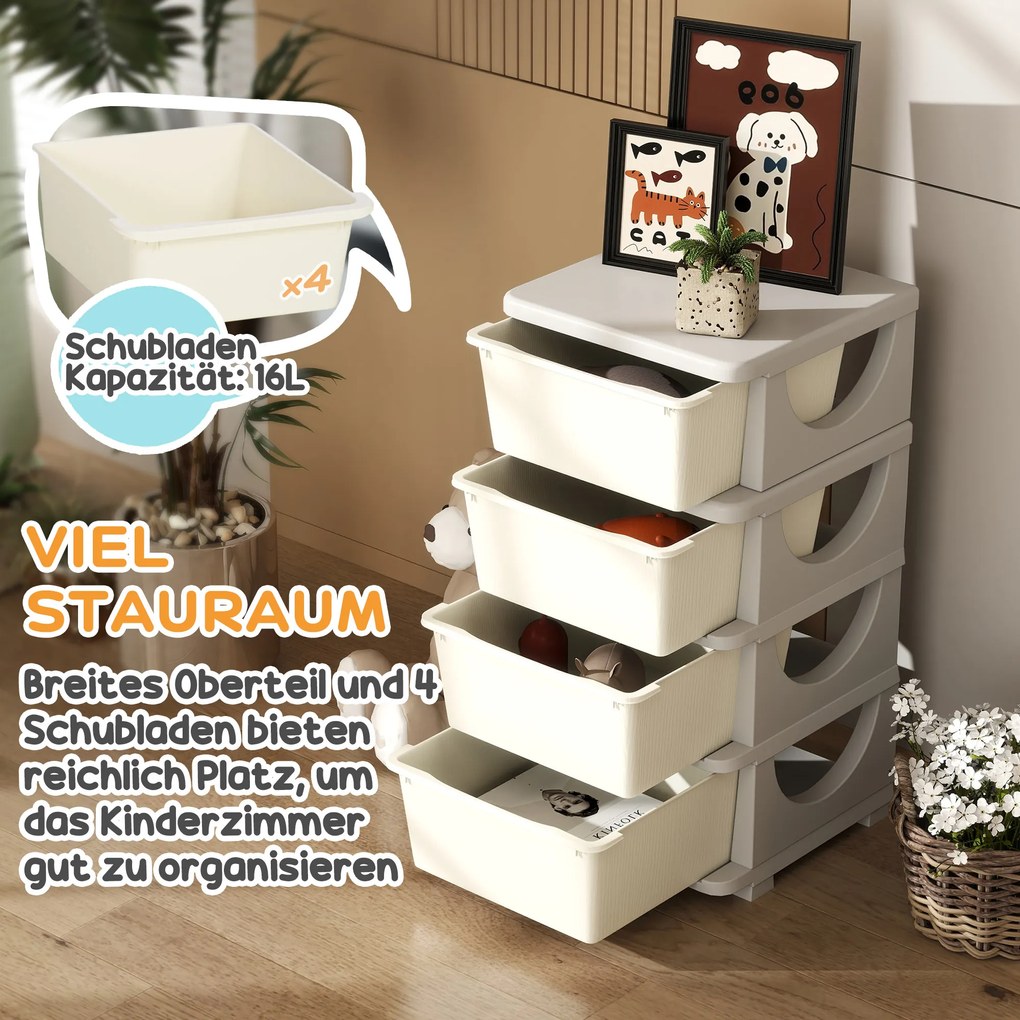 HOMCOM Κουτιά αποθήκευσης για παιδιά, 4 μεγάλα συρτάρια, στρογγυλεμένες άκρες, πλαστικό, 37x37x76 cm, Κρεμ λευκό